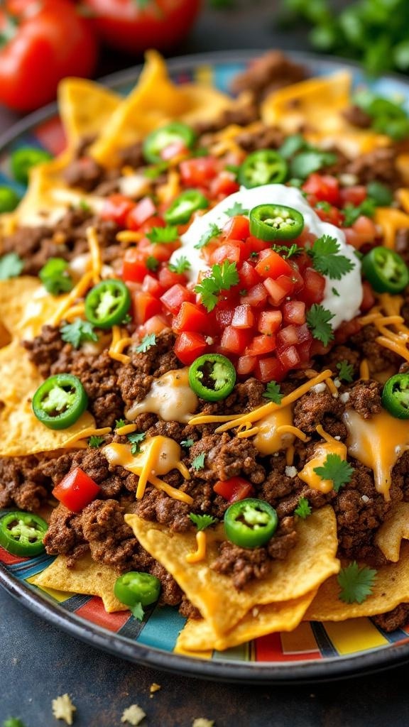 A plate of spicy beef nachos topped with cheese, tomatoes, jalapeños, and cilantro.
