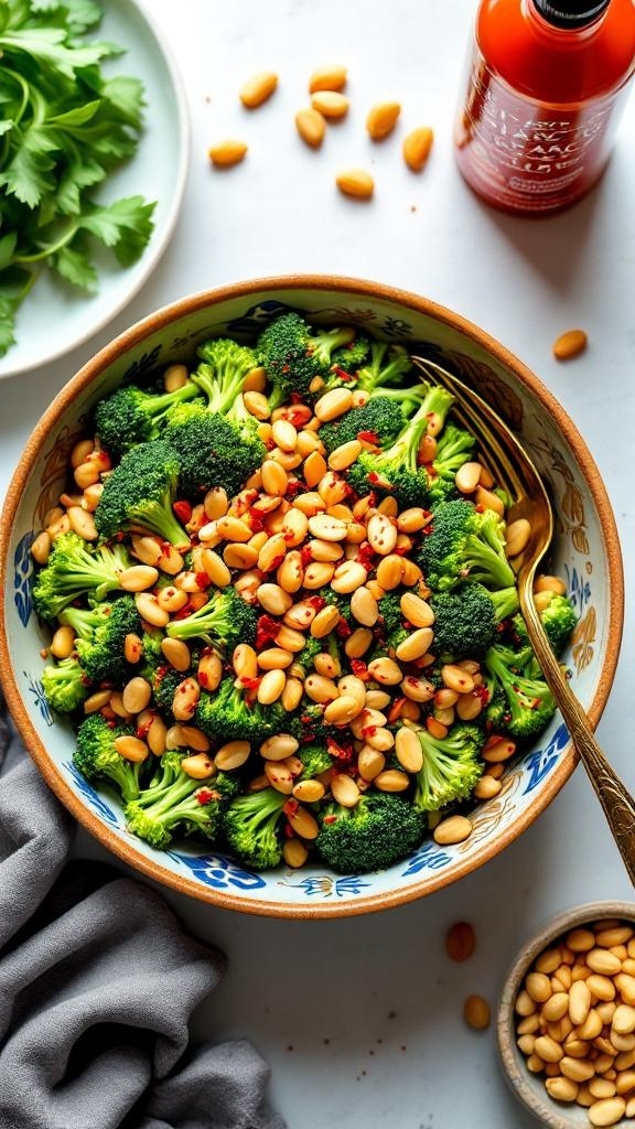 A vibrant bowl of spicy broccoli salad with peanuts, garnished with cilantro and served with Sriracha sauce.
