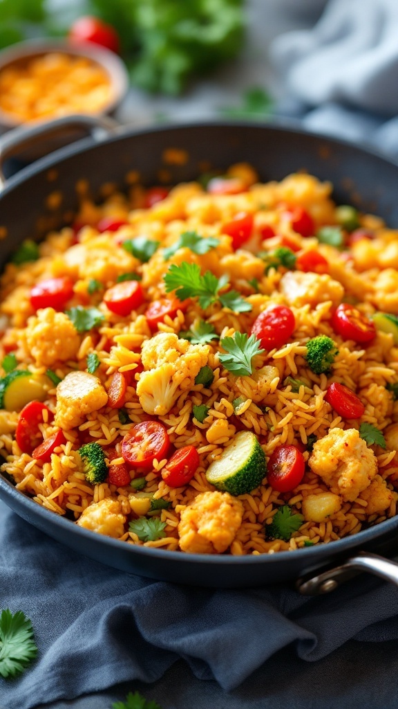 A vibrant and colorful spicy cauliflower rice stir-fry.