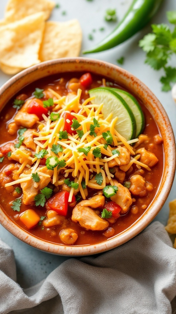 Bowl of Spicy Chicken Chili with toppings like cheese, cilantro, and lime.