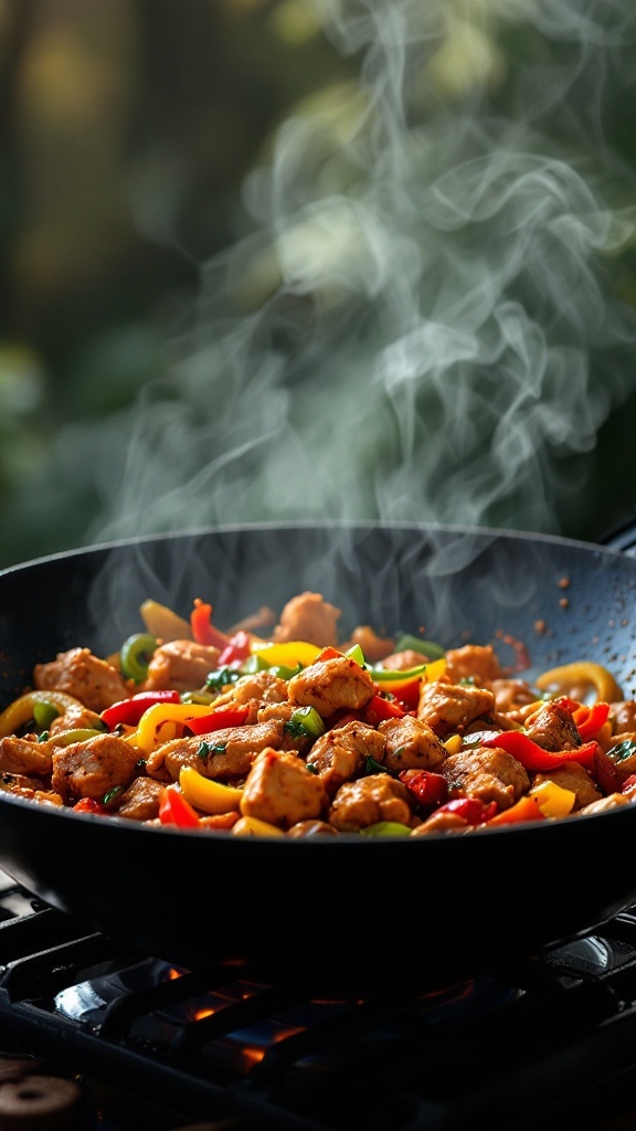 A vibrant bowl of Spicy Chicken Stir-Fry with colorful bell peppers and steam rising.