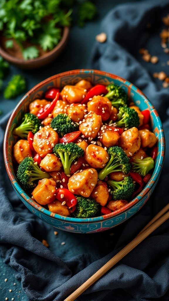 A vibrant bowl of spicy chicken stir-fry with broccoli and red bell peppers, garnished with sesame seeds.
