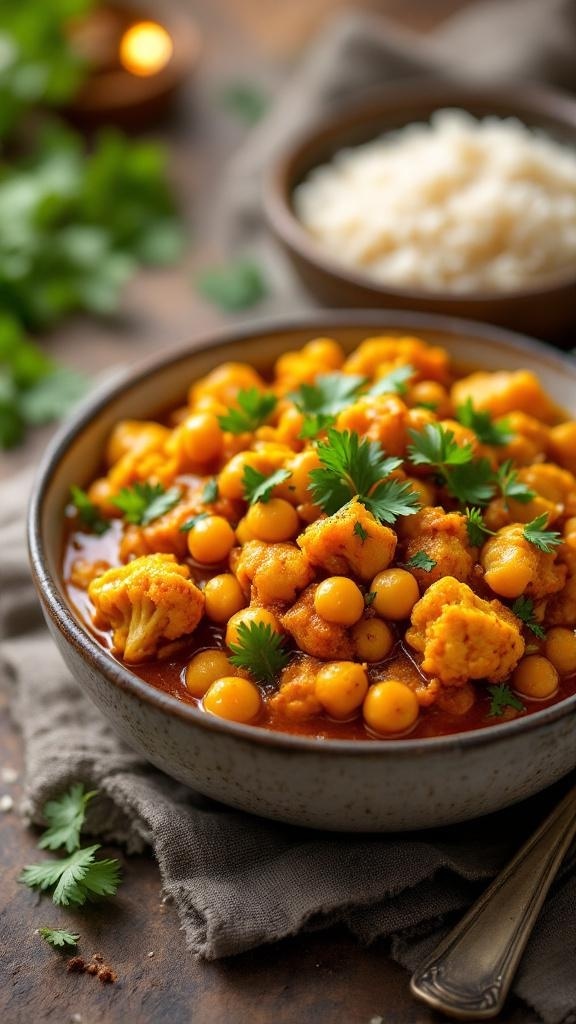 A bowl of spicy chickpea and cauliflower curry garnished with cilantro, served with rice.