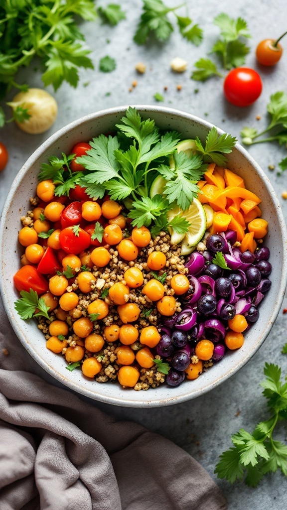 A vibrant bowl of spicy chickpeas, quinoa, and colorful vegetables.