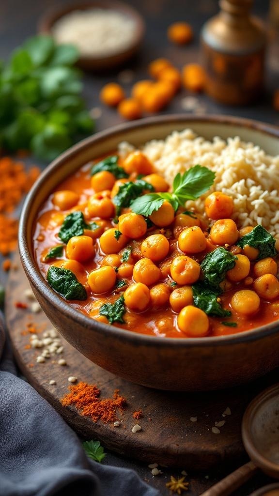 A bowl of spicy chickpea curry with spinach and rice, garnished with cilantro.