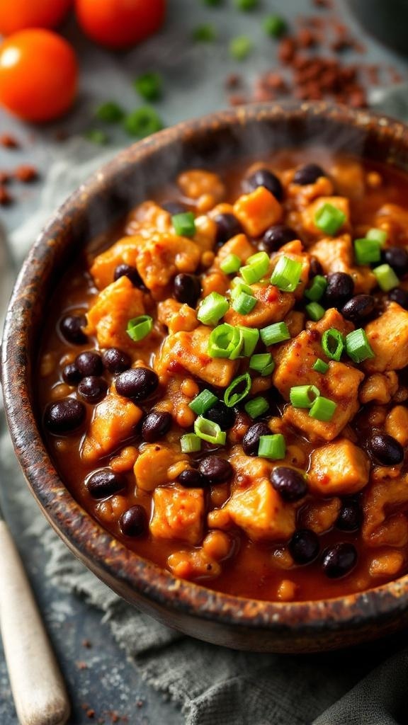 A bowl of spicy chipotle chicken chili topped with green onions, surrounded by fresh ingredients.