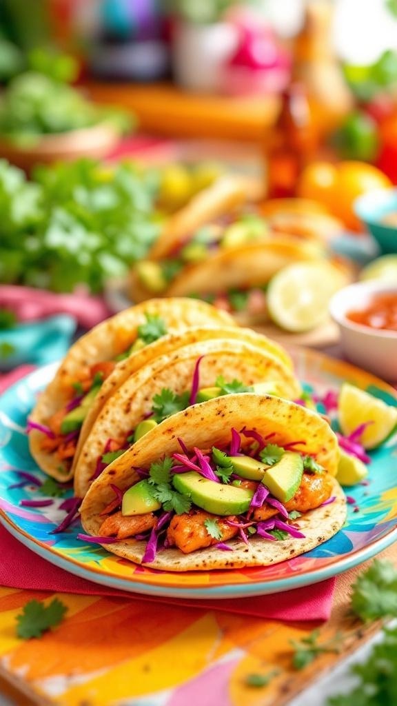 Spicy chipotle salmon tacos with avocado, garnished with cilantro and served on a colorful plate.