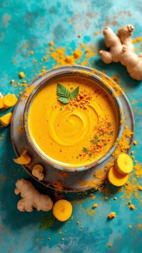 Spicy Ginger and Turmeric Smoothie in a bowl with ginger and turmeric roots around it.