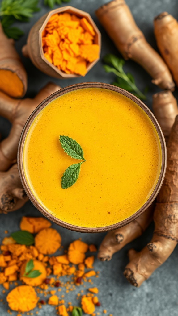 A bowl of vibrant yellow smoothie garnished with mint leaves, surrounded by ginger and turmeric roots