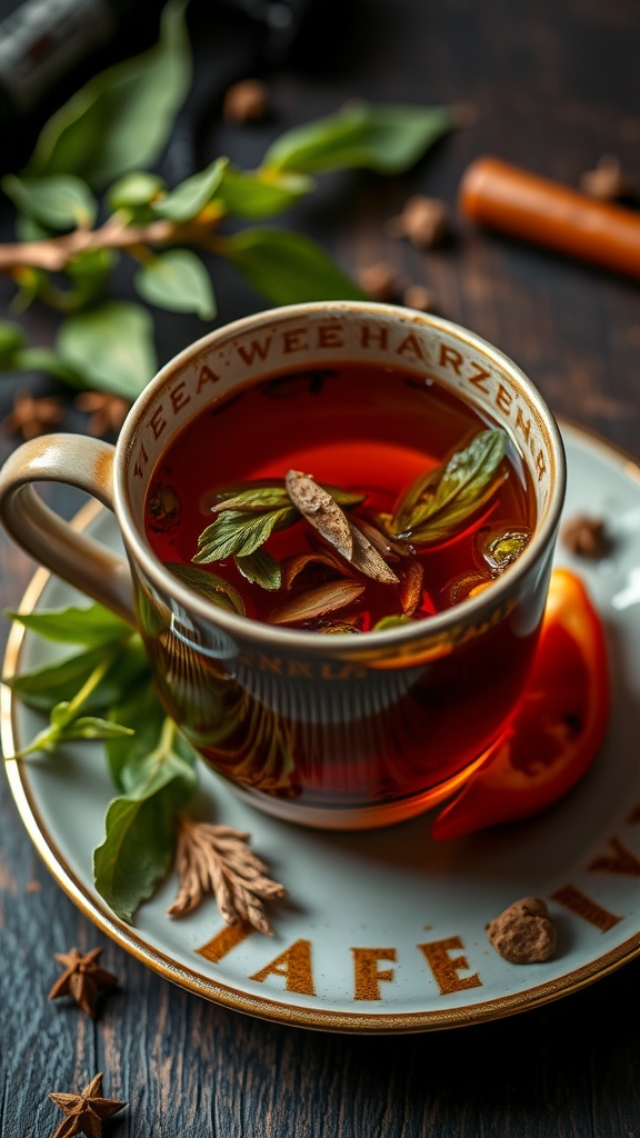 A cup of spicy herbal tea with herbs and spices on a wooden table.