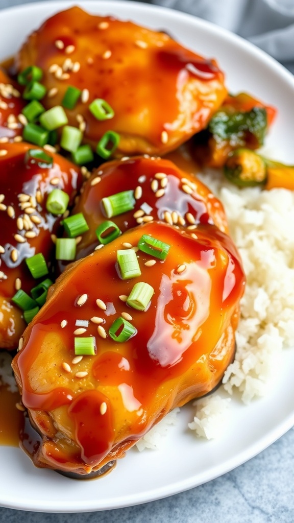 Plate of spicy honey garlic chicken garnished with green onions and sesame seeds, served with rice and vegetables.