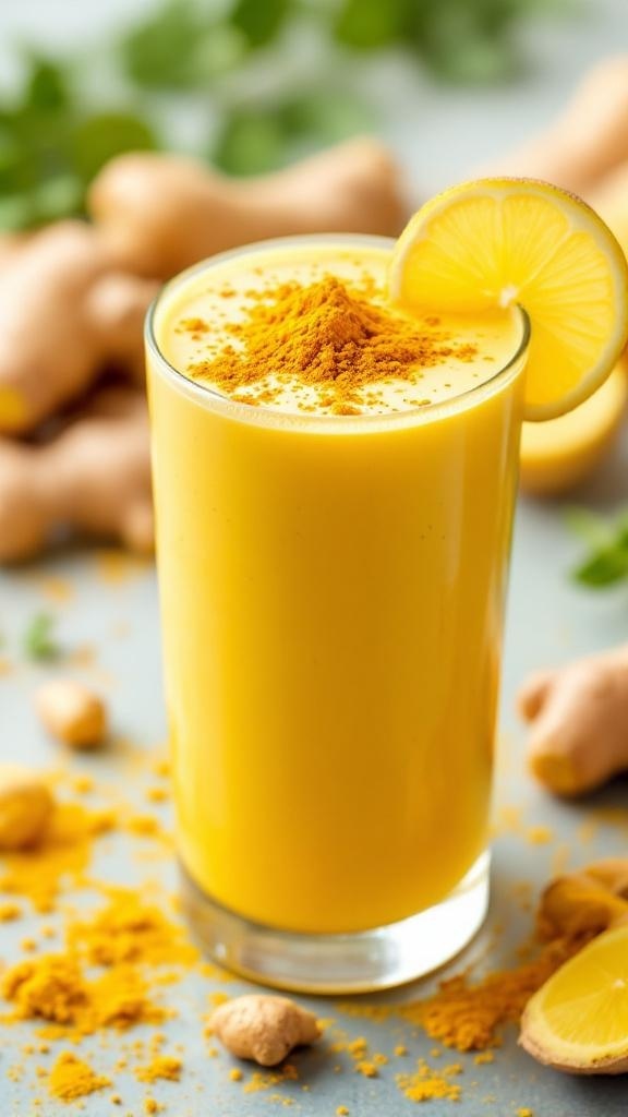 A vibrant ginger turmeric smoothie garnished with lemon and turmeric powder.