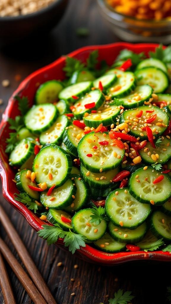 A vibrant bowl of Spicy Korean Cucumber Salad with sliced cucumbers, red chili, and sesame seeds.