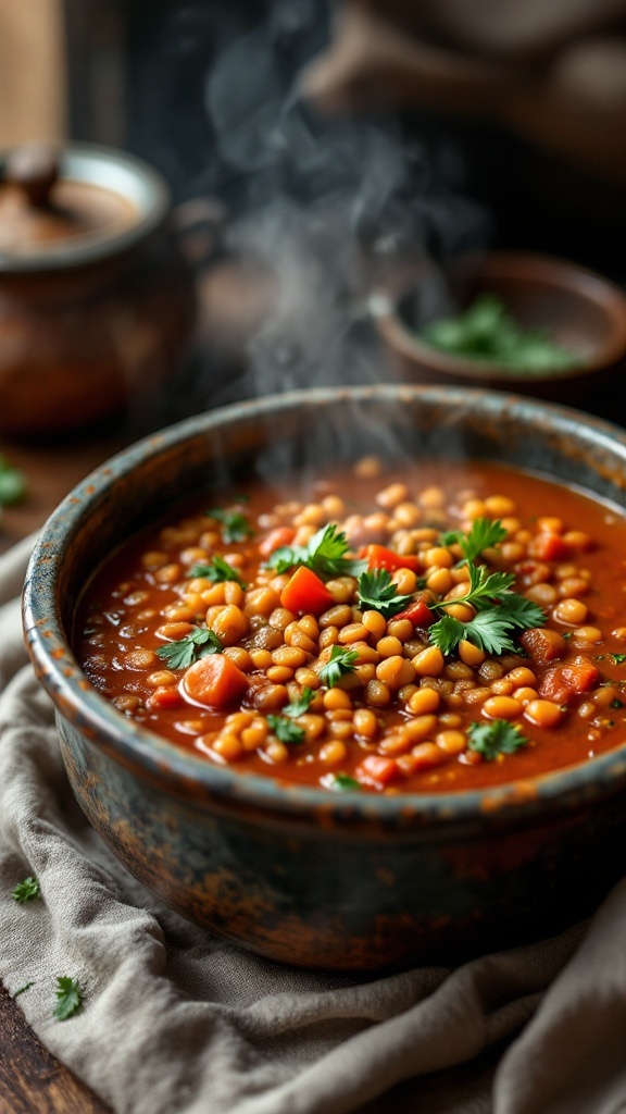 A bowl of spicy lentil soup garnished with fresh cilantro.