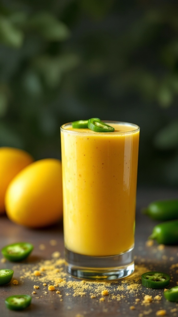 A refreshing spicy mango jalapeño smoothie garnished with jalapeño slices.