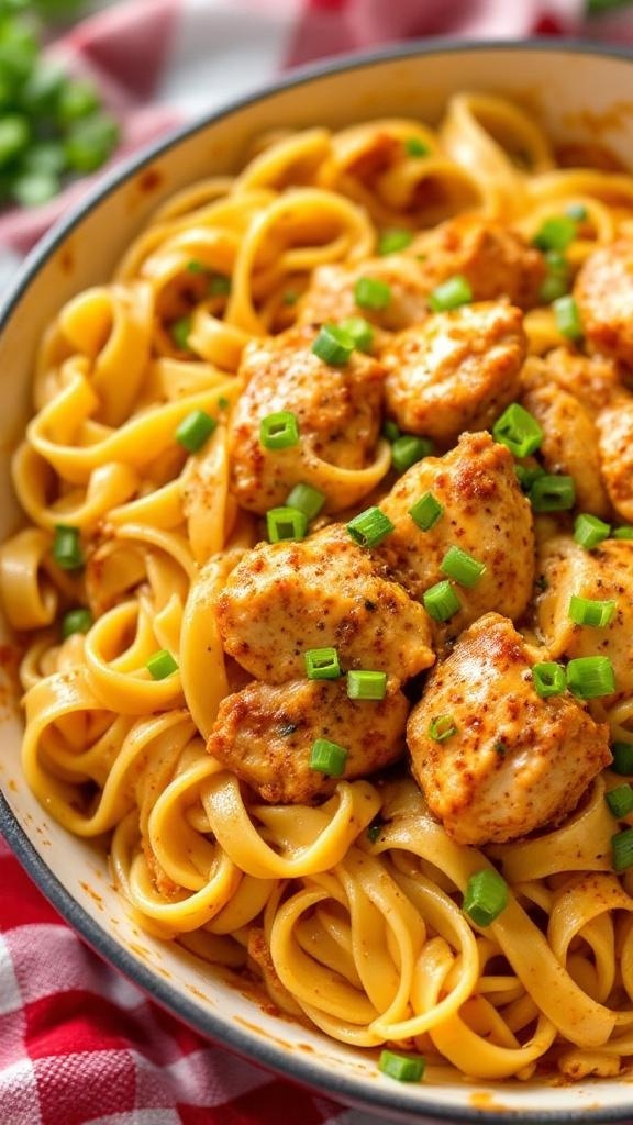A bowl of spicy one-pot Cajun chicken pasta topped with green onions.
