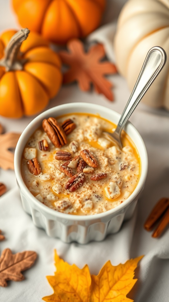 Bowl of spicy pumpkin pie overnight oats topped with pecans, surrounded by pumpkins and autumn leaves.