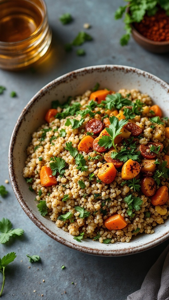 A colorful spicy quinoa and lentil bowl garnished with fresh cilantro.