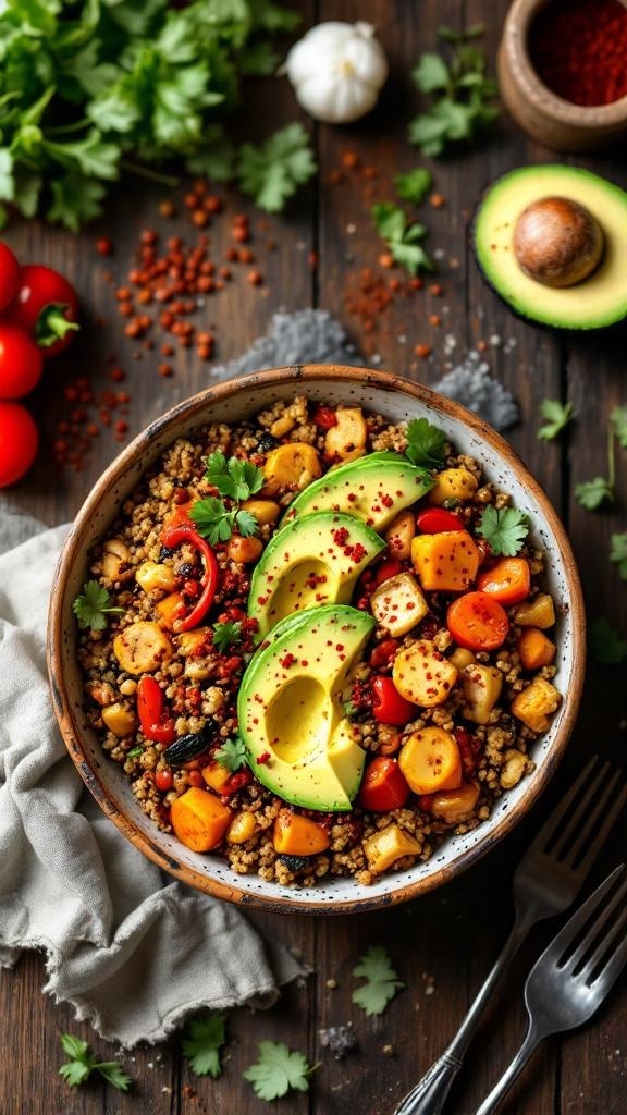 A colorful bowl of spicy quinoa and roasted vegetables topped with avocado slices and garnished with cilantro.