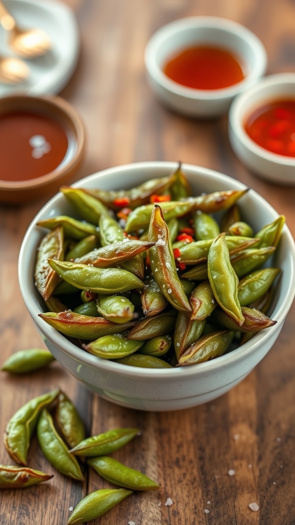 A bowl of spicy roasted edamame with seasonings on a wooden table.