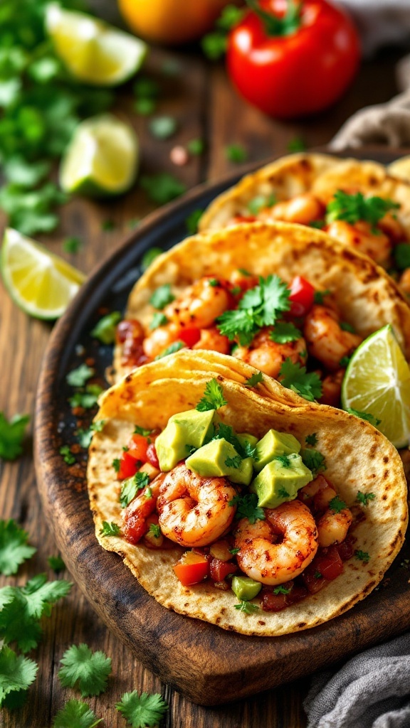 Delicious spicy shrimp tacos with avocado salsa