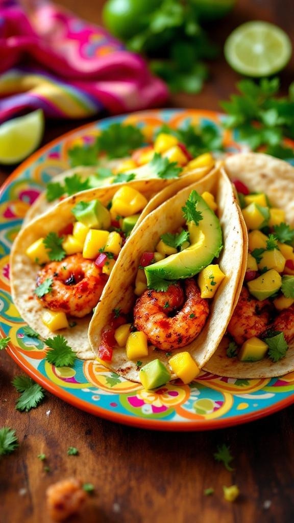 Spicy shrimp tacos topped with fresh mango salsa and avocado, served on a colorful plate.