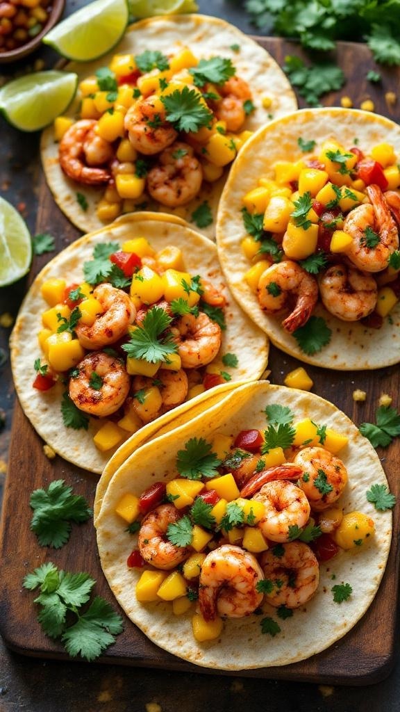 Spicy shrimp tacos topped with mango salsa on a wooden board