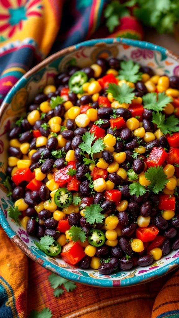 A colorful bowl of Spicy Southwest Black Bean Salad with corn, black beans, bell peppers, and cilantro.