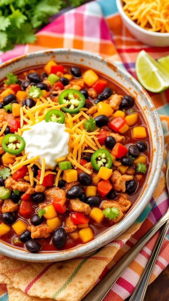 A bowl of Spicy Southwest Chicken Chili topped with cheese, jalapeños, and sour cream, served with colorful ingredients.