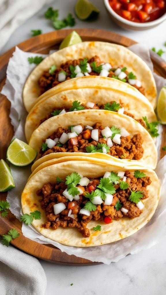 Delicious spicy tacos with ground meat, topped with onions and cilantro, served with lime wedges.