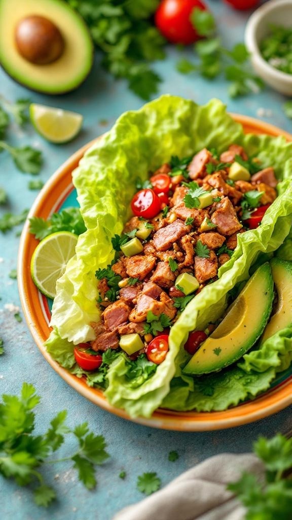 Spicy Tuna Salad Lettuce Wraps with avocado, tomatoes, and cilantro on a colorful plate.