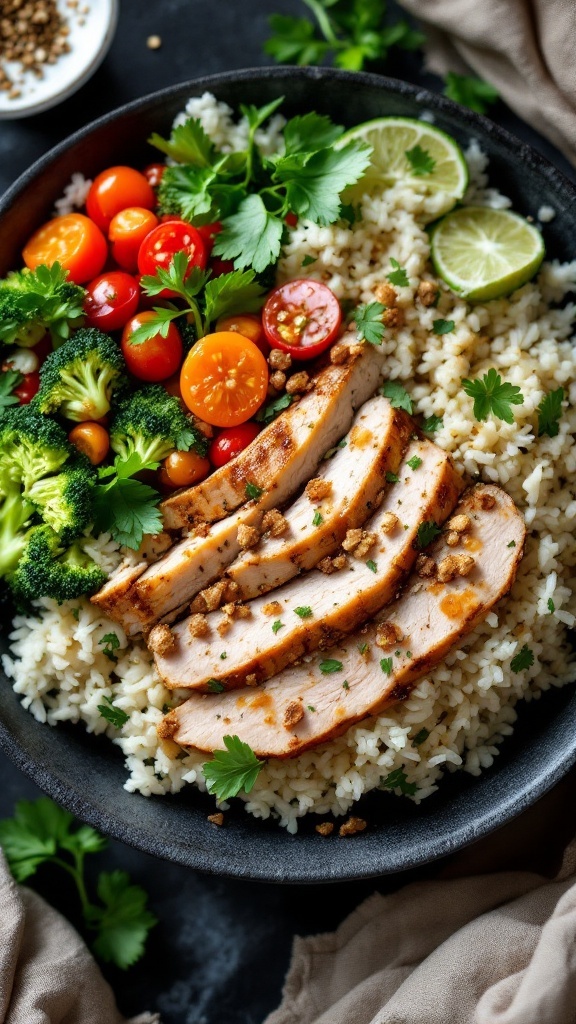 A bowl of spicy turkey and cauliflower rice with fresh vegetables and herbs.