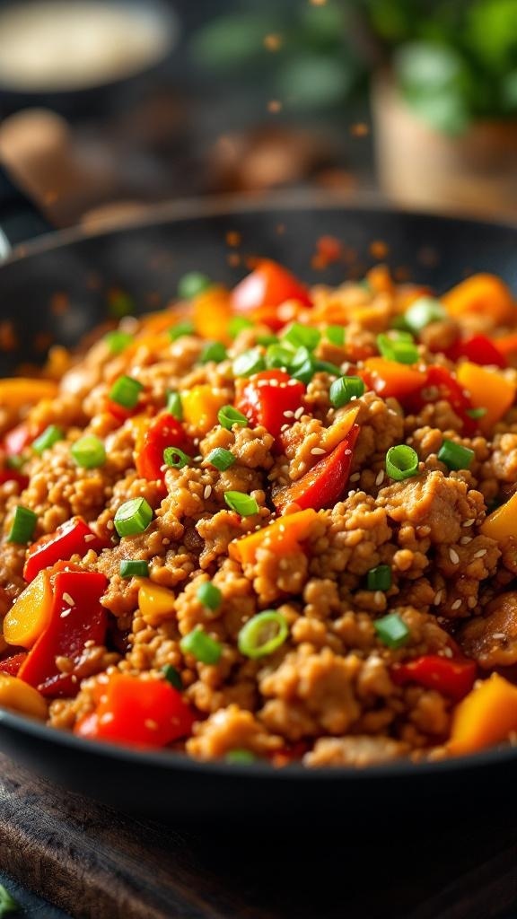 A colorful spicy turkey and vegetable stir-fry in a black skillet.