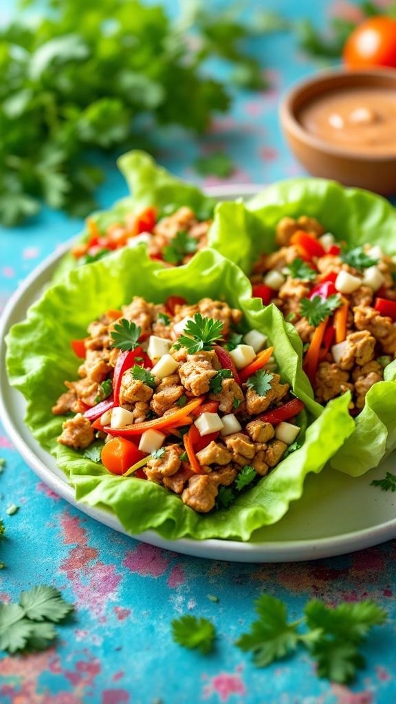 Plate of spicy turkey lettuce wraps filled with ground turkey, colorful vegetables, and garnished with cilantro.