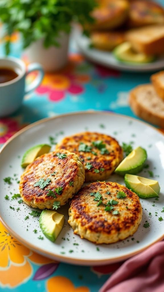 A plate of spicy vegan breakfast sausage patties garnished with cilantro and served with avocado slices.