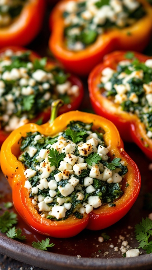 Spinach and feta stuffed peppers on a baking tray