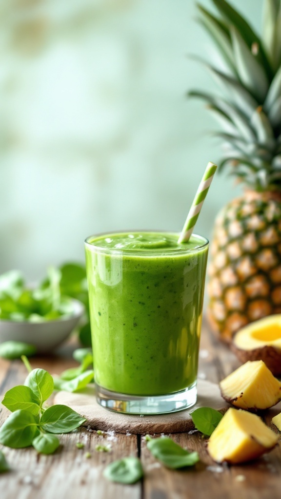 A refreshing green smoothie made with spinach and pineapple.
