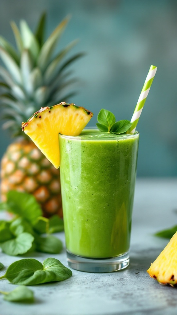 A refreshing green smoothie with spinach and pineapple, garnished with a slice of pineapple and a straw.