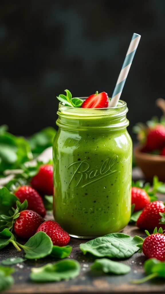 A green smoothie in a mason jar with spinach and strawberries around it.