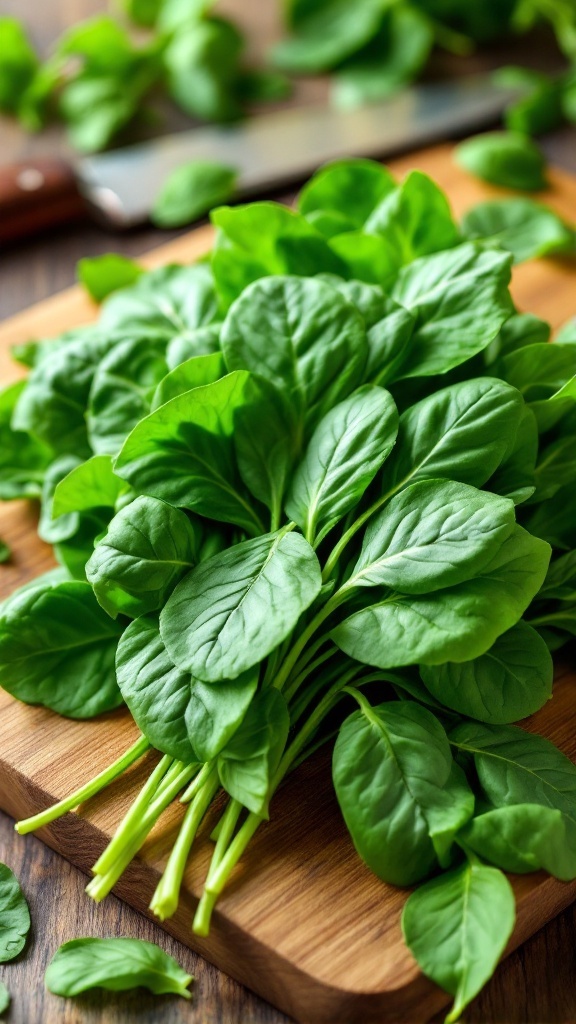 A bunch of fresh spinach leaves on a wooden cutting board.