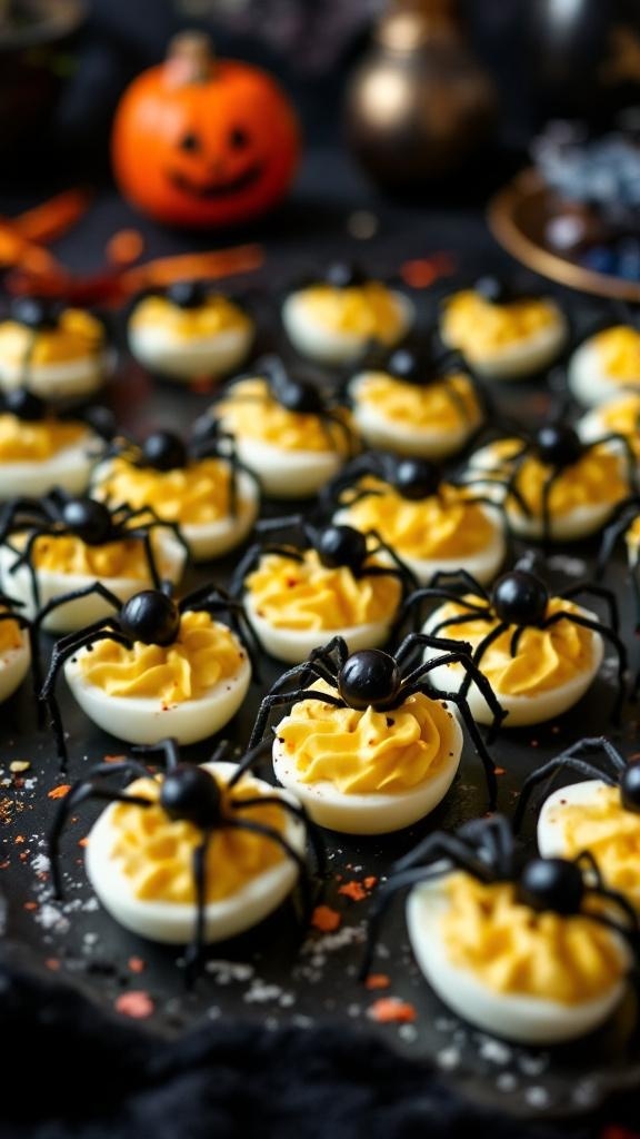 A platter of deviled eggs decorated with plastic spiders, perfect for a Halloween party.