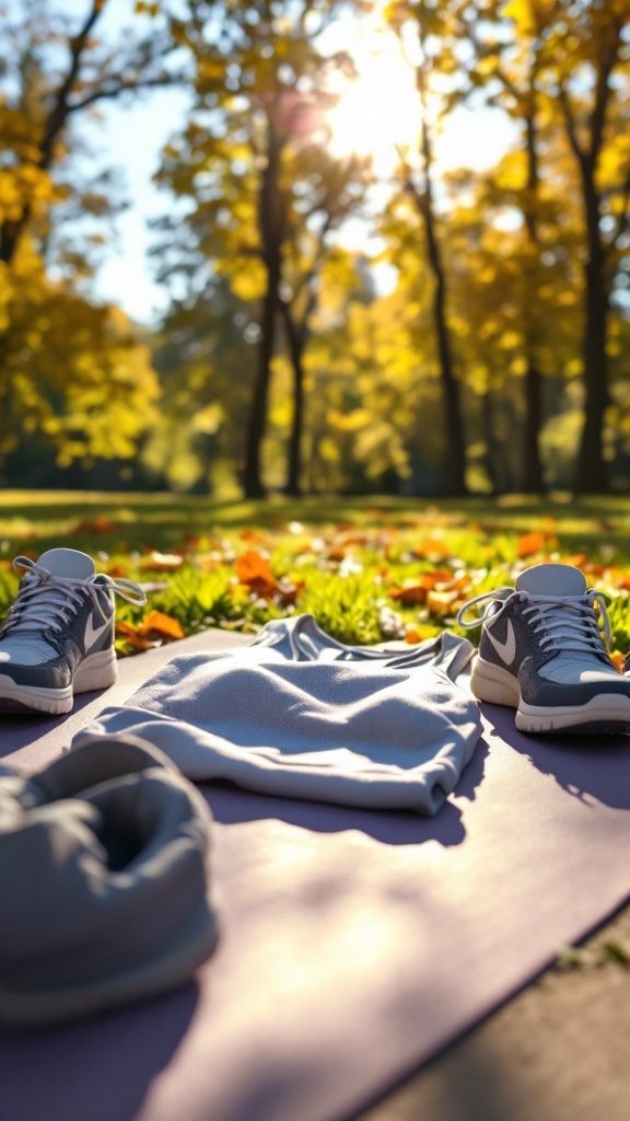 A laid-out sporty athleisure outfit on a mat in a sunny park with trees in the background.