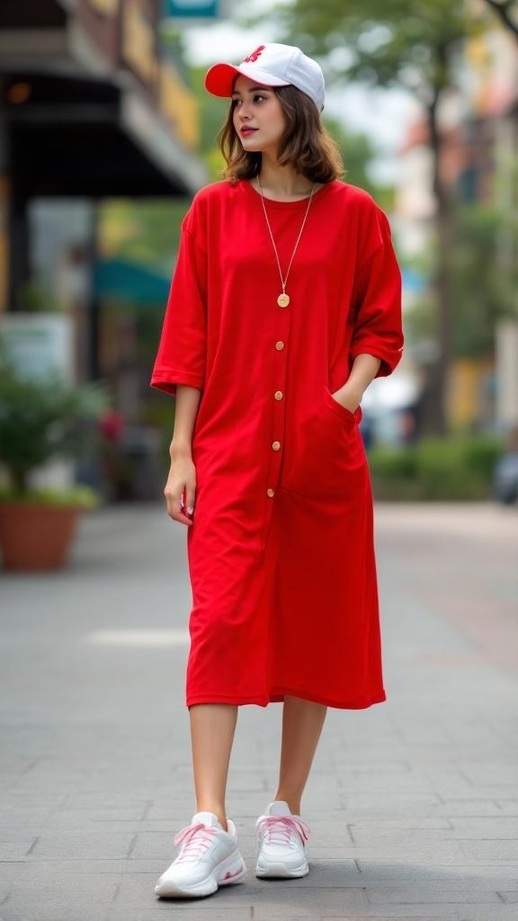 A woman wearing a red button-down dress with sneakers and a baseball cap, walking on a city street.