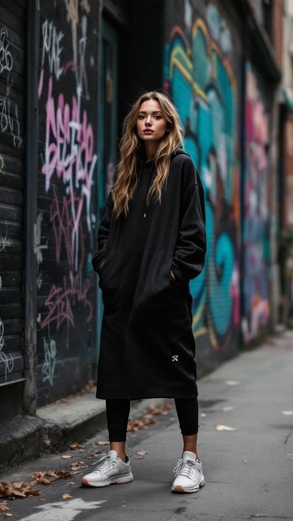 A woman in a sporty black dress and white sneakers standing in front of colorful graffiti.