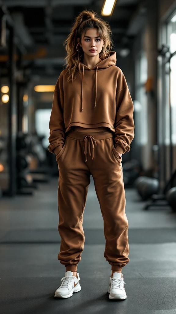 A model wearing a sporty brown athleisure set consisting of a cropped hoodie and joggers, paired with white sneakers.
