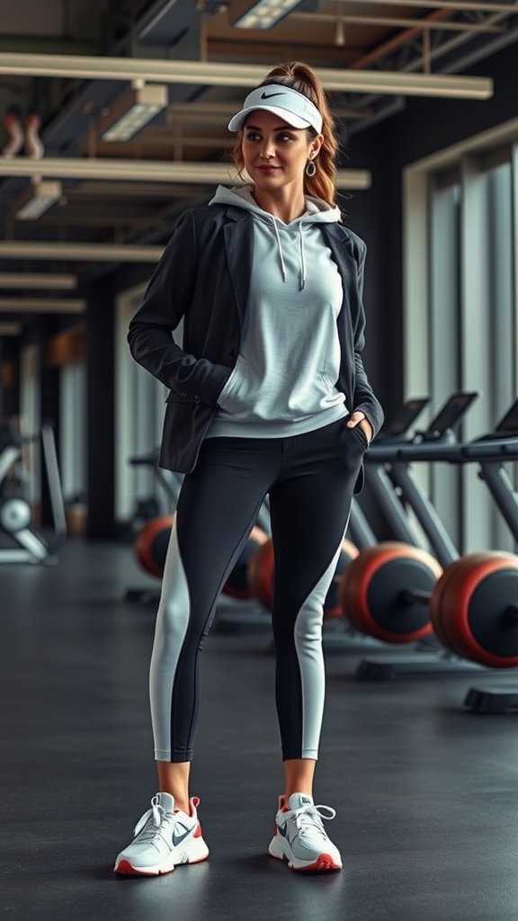 Sporty chic athleisure outfit featuring a pink crop top, black joggers, white sneakers, and accessories.