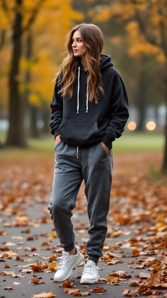 A young woman in a light gray hoodie and jogger jeans walking on a path surrounded by autumn leaves.