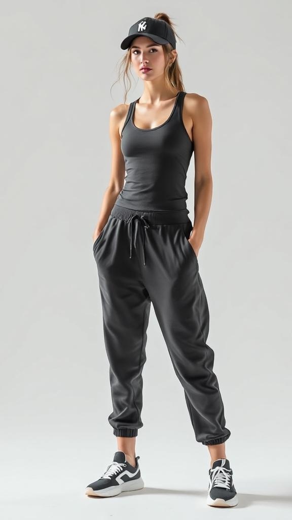 A model wearing a black tank top, joggers, and sneakers, showcasing a sporty concert outfit.