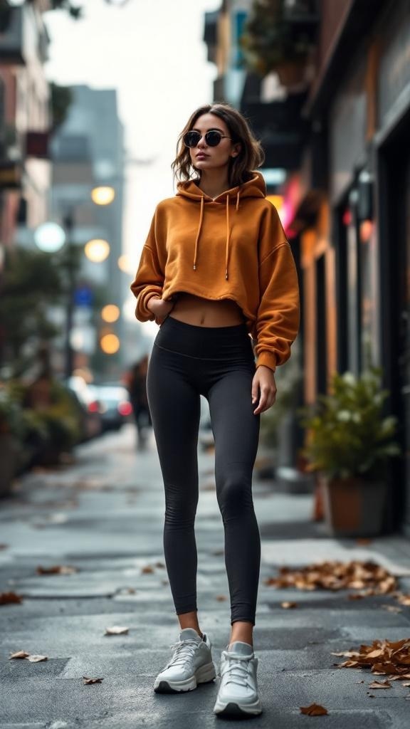 A woman in a cropped orange hoodie and black leggings, wearing white sneakers and sunglasses, standing on a city street.