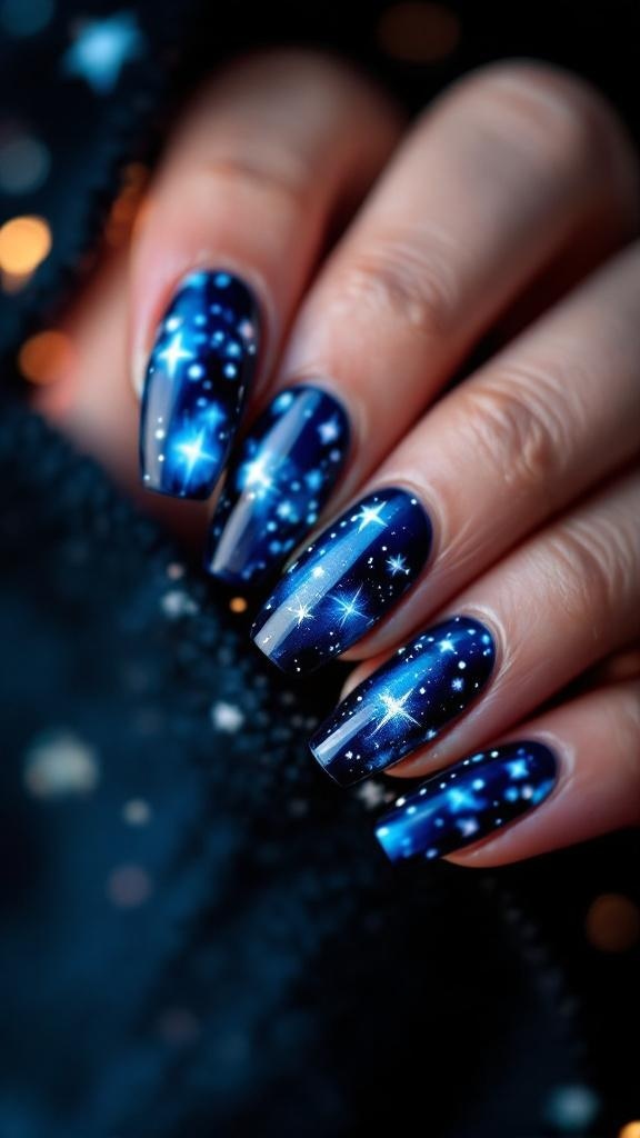 Nail design inspired by a starry night, featuring deep blue color and sparkling stars.